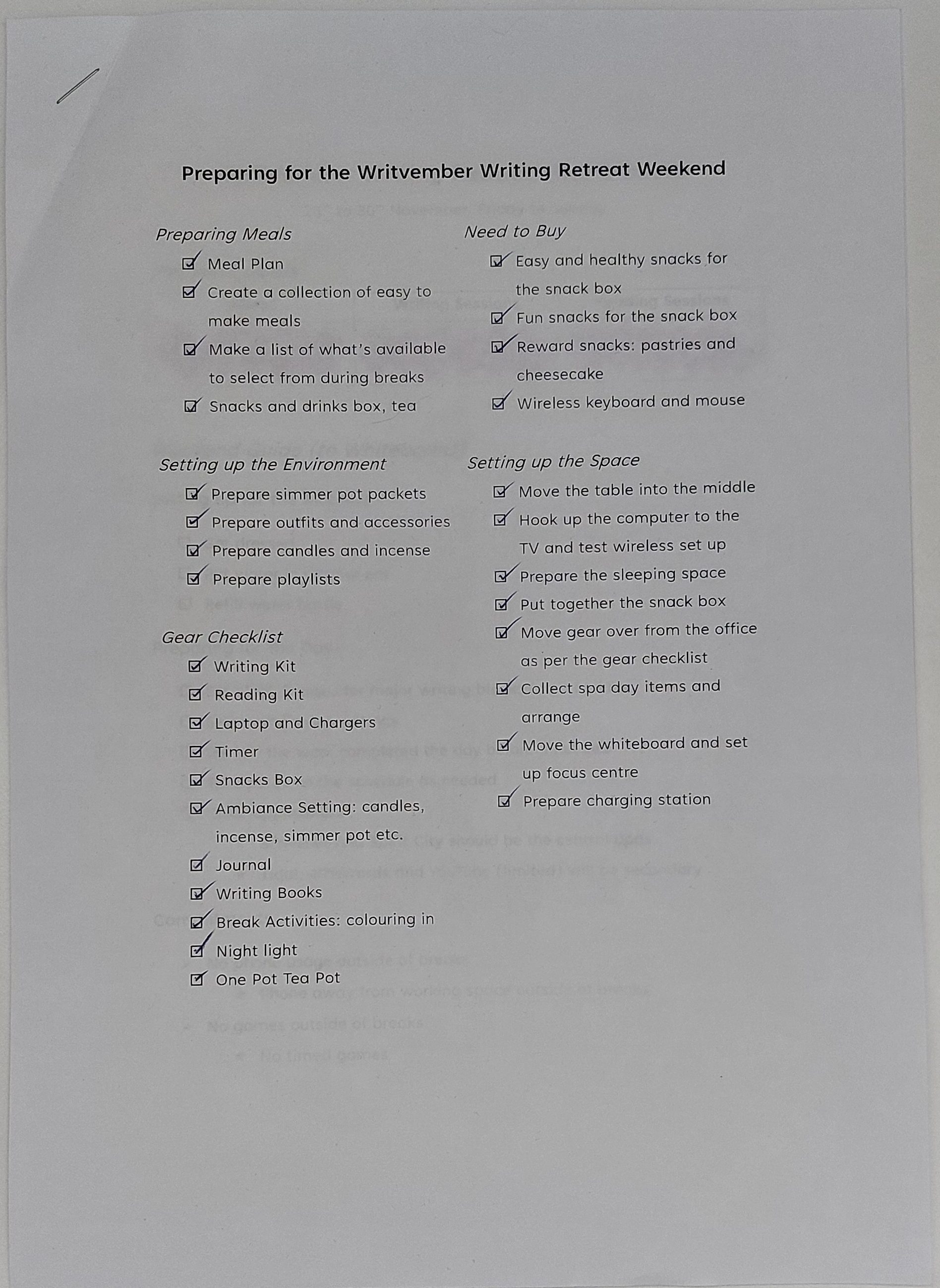 A checklist for the preparation of the Writvember Writing Retreat Weekend