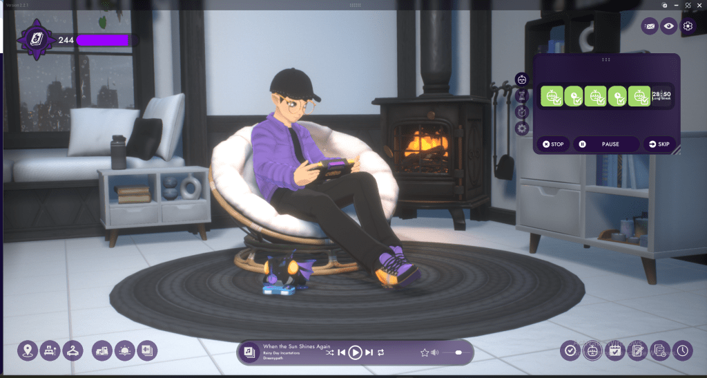 A snapshot of the productivity tool Spirit City, depicting the avatar playing video games by the fire, the city in the backdrop and a spirit also playing video games on the ground. Also includes the UI and pomodor timer.