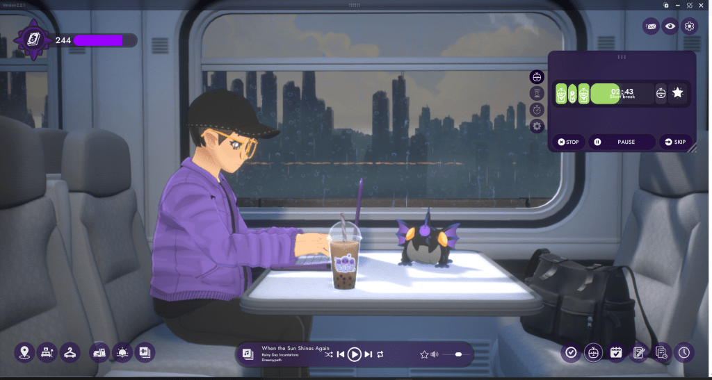 A snapshot of the productivity tool Spirit City, depicting the avatar typing on a laptop whilst riding the train, the city in the backdrop and a spirit on the table. Also includes the UI and pomodor timer.